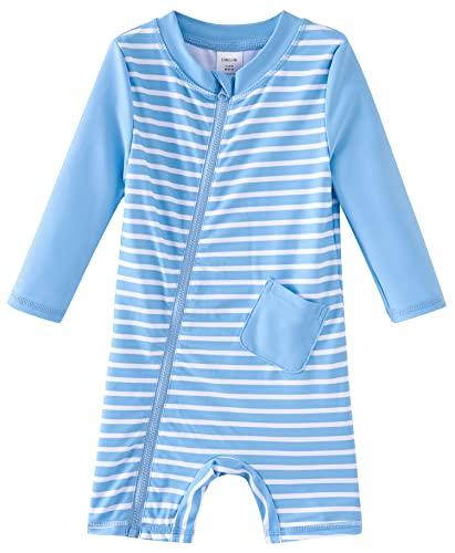 UMELOK Baby Boys Swimsuit Infant Swimwear Full Zip with UPF 50+ Sun Protection Swimsuit Sky Blue Stripe, 12-18 M