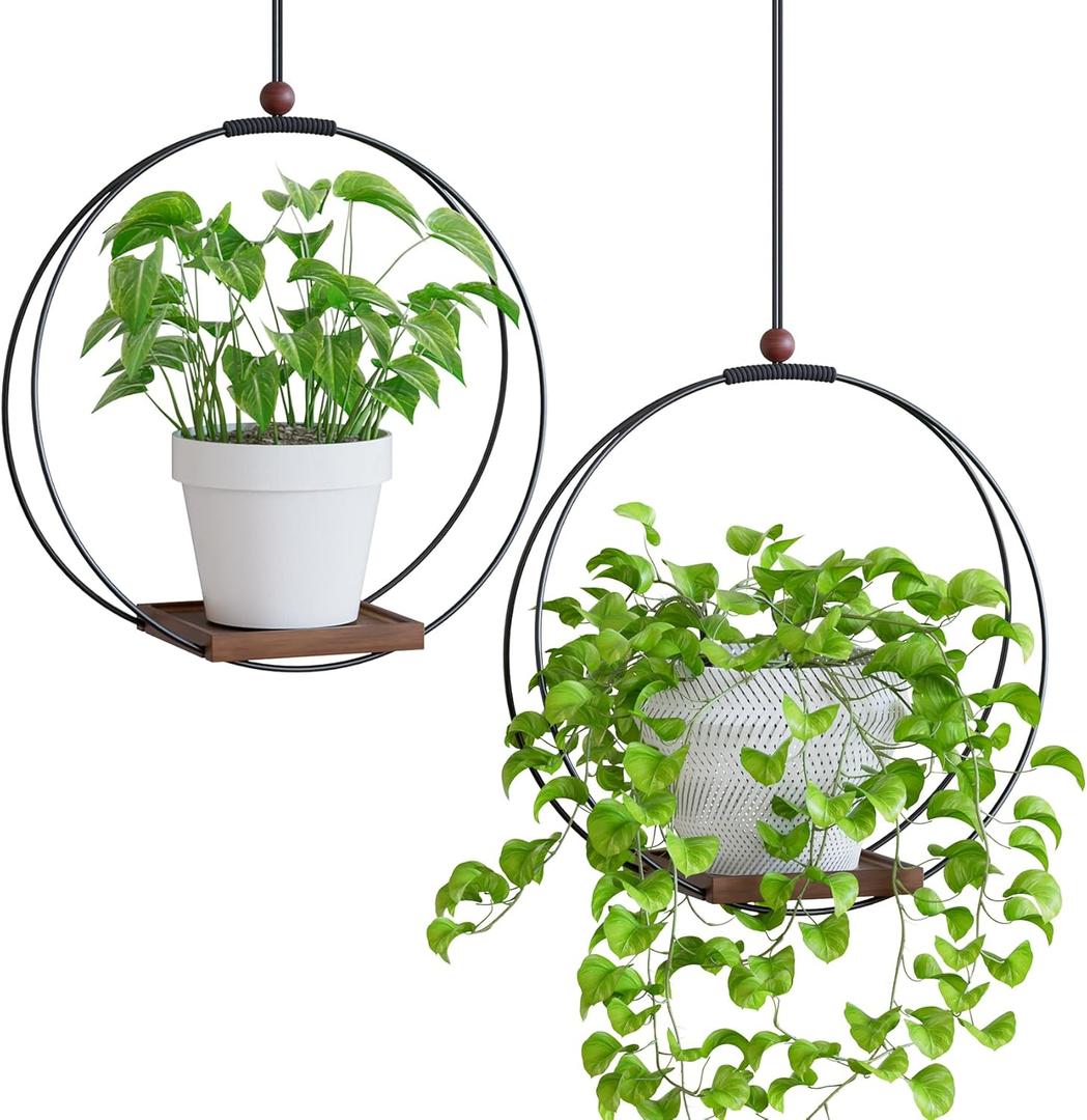 Hanging Planters for Indoor Plants: Macrame Plant Hanger with Sturdy Wood Base, Wall Ceiling Window Decor for Home Garden Patio Office, Housewarming Gift (Pot/Plant Not Included) (2 Pack)