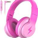 Candy Bila Kids Headphones, Wired Headphones for Kids Over Ear with Microphone, 85/94dB Volume Limiter Headphone for Girls Boys, Foldable Headphone for Learning & Entertainment, Gradient Deep Pink