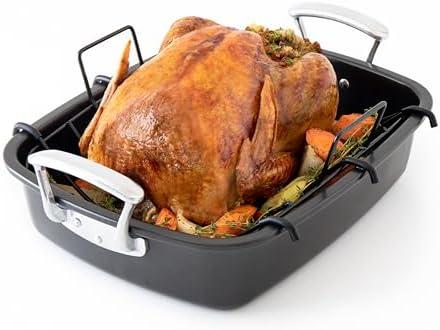 Chef Pomodoro Deluxe Large Carbon Steel Roasting Pan with U-Rack, 18.5 x 14.5-In (47 x 37 cm), Extra-Large, Grey – The Ultimate Solution for Flawless Roasts, BBQs, and Oven-to-Table Entertaining