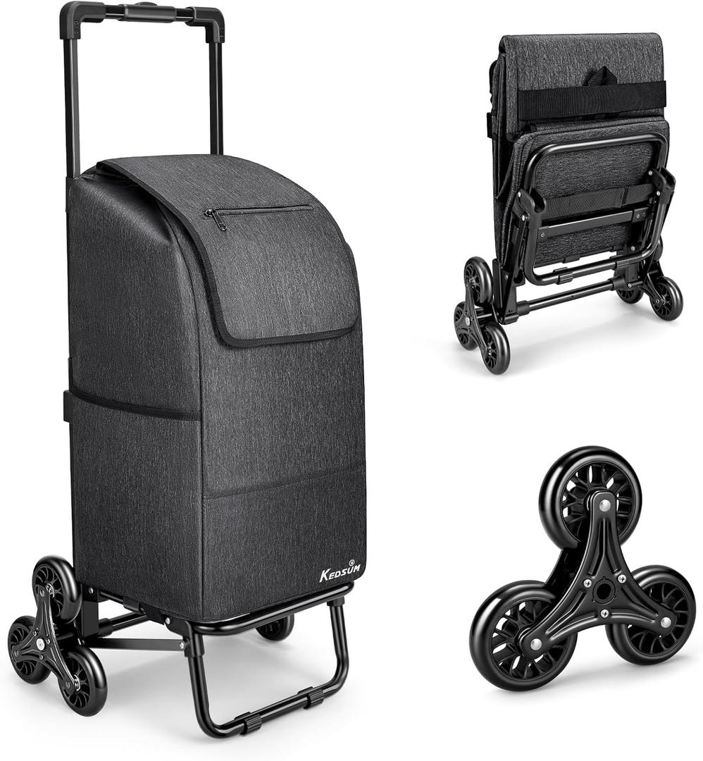 KEDSUM 2 in 1 Stair Climbing Cart, 60L/300LBS Grocery Cart on Wheels for Stairs, Shopping Carts for Groceries with Removable Waterproof Bag, Folding Shopping Carts for Stairs, Black