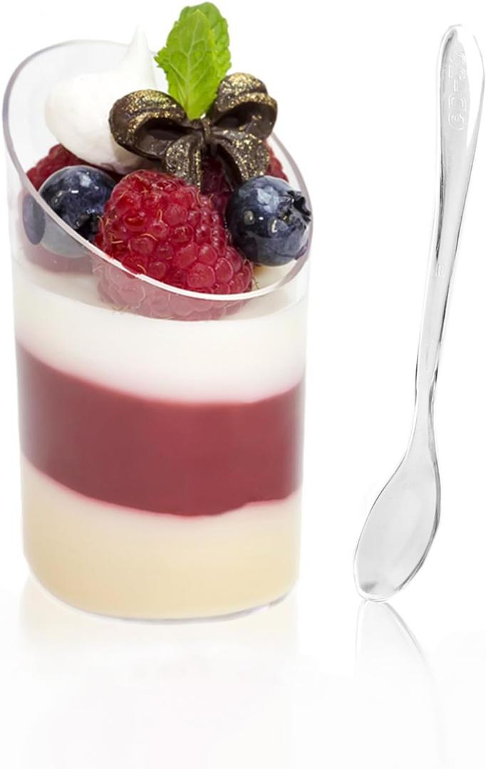 TOFLEN 50 Pack Mini Dessert Cups with Spoons, 2.2 oz Round Plastic Dessert Shooter Cups Slanted Appetizer Cups for Party Serving Jello Parfait Triffle