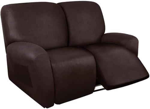 ANARACHON Loveseat Recliner Cover Leather Look Recliner Loveseat Covers Recliner Sofa Cover for 2 Seater Reclining Couch Spandex Fabric Washable 6 Pieces (2 Seater, 01 Chocolate)