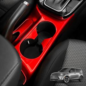 Car Center Console Water Cup Holder Frame Cover Front Central Cup Holder Panel Protective Cover Decals Compatible with Kia Soul 2020-2025 Accessories (Glossy Red Style)