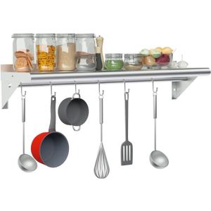 Treshin Stainless Steel Shelf with 6 Hooks 12 x 36 Inches, Commercial Wall Mount Floating Shelving Storage Pot Rack for Restaurant, Kitchen, Home, Bar and Hotel