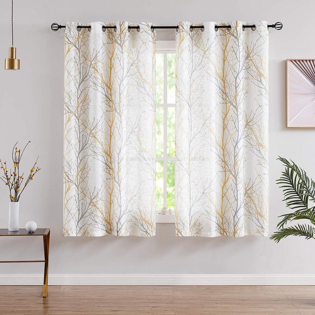 FMFUNCTEX Linen Semi Sheer Curtains for Bedroom, Yellow White Curtains 45 Inches Long for Living Room, Grey Tree Branch Print Curtain Light Filtering Kitchen Window Drapes, Grommet Top 2 Panels, 50"W x 45"L