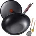 Teewe Carbon Steel Wok -13 Inch Woks & Stir-fry Pans Nonstick, Wok Pan with Lid Spatula and Dish Brush: Pre-Seasoned Flat Bottom Chinese Woks for Induction, Electric, Gas, All Stoves (Black)
