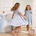 Toddler Girl Dress Short Sleeve Kids Floral Smocked Square Neck Beach Sundress | Summer Fashion Dresses 2-7Y
