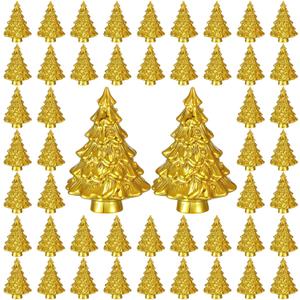Soulchen 50 Pcs Mini Christmas Tree Figurines Gold Resin Miniature Christmas Statue Micro Tabletop Mantel Shelf Centerpieces Garden Landscape Dollhouse Cake Decoration DIY Craft Charms for Party Gift