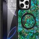 AIGOMARA Magnetic Rectangle for iPhone 16 Pro Case, Compatible with Magsafe Luxury Sparkle Opalescent Pearl for Women Girls Glossy Glitter Protective Phone Case with Screen Protector, Green