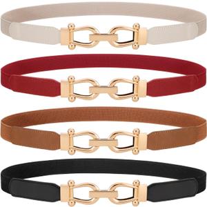 WERFORU 4 Pack Women Skinny Elastic Waist Belt Gold Buckle Stretchy Thin Belt for Jeans Dress (Fit waist size 23"-28", Black+brown+red+beige)