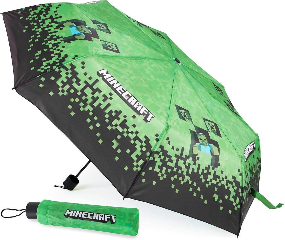 Minecraft Folding Umbrellas for Boys Girls Durable Compact Umbrella Windproof Travel Umbrella for Teens and Gamers (Black/Green)