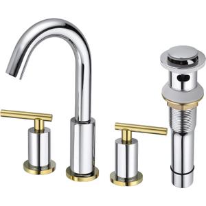 Bathroom Faucet Chrome and Gold 2-Handle 8-Inch Widespread Bathroom Sink Faucet with Metal Drain, 3-Hole Faucet for Bathroom Vanity, Polished Chrome/Polished Brass