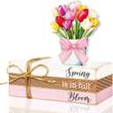 Ferraycle 4 Pcs Spring Table Decor Tulip Wooden Sign Spring Farmhouse Wooden Block Decorative Floral Book Tiered Tray Easter Decor Rustic Decoration for Bookshelf Fireplace Desk Living Room(Classic)