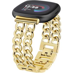 JR.DM Gold Watch Bands for Women Compatible with Fitbit Versa 4/Versa 3/Fitbit Sense 2/Sense Band Adjustable Metal Strap Cowboy Steel Chain Bracelet