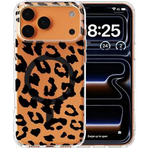 for iPhone 17 Pro Max Case [Compatible with MagSafe] Clear Cute Floral Design Magnetic Wireless Charging, Slim Shockproof for iPhone 17 Pro Max Case for Girls Women,Black Leopard