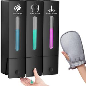 3 in 1 Shampoo and Conditioner Dispenser, 1200ML Capacity Shower Soap Dispenser Bathroom Set, 3 Chamber Shower Dispenser No Drill, Fashionable Wall Mounted Soap Dispenser for Bathroom & Hotel, Black 