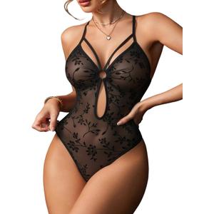 Avidlove Lingerie for Women Sexy Teddy Mesh Sheer Chemise Strappy Bodysuit One Piece Babydoll Snap Crotch (Large, Black Leopard Print)
