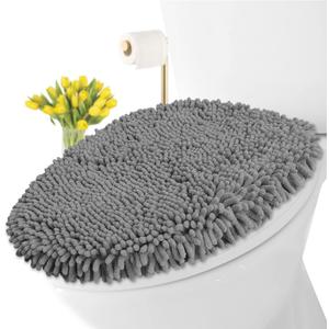 LuxUrux Toilet Lid Cover with Stretch Fit Elastic Band  Chenille Microfiber Toilet Seat Non-Slip Cover for Bathroom  Soft Plush, Machine Wash And Dry, Comfort & Clean Look (18 x 18'', Light Gray)