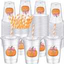 Sliner 50 Pcs 16 oz Coquette Disposable Plastic Cups with Straw for Party Supplies Bow Cups Birthday Wedding Bridal Engagement Party Drinkware Baby Shower Decoration (Pumpkin)