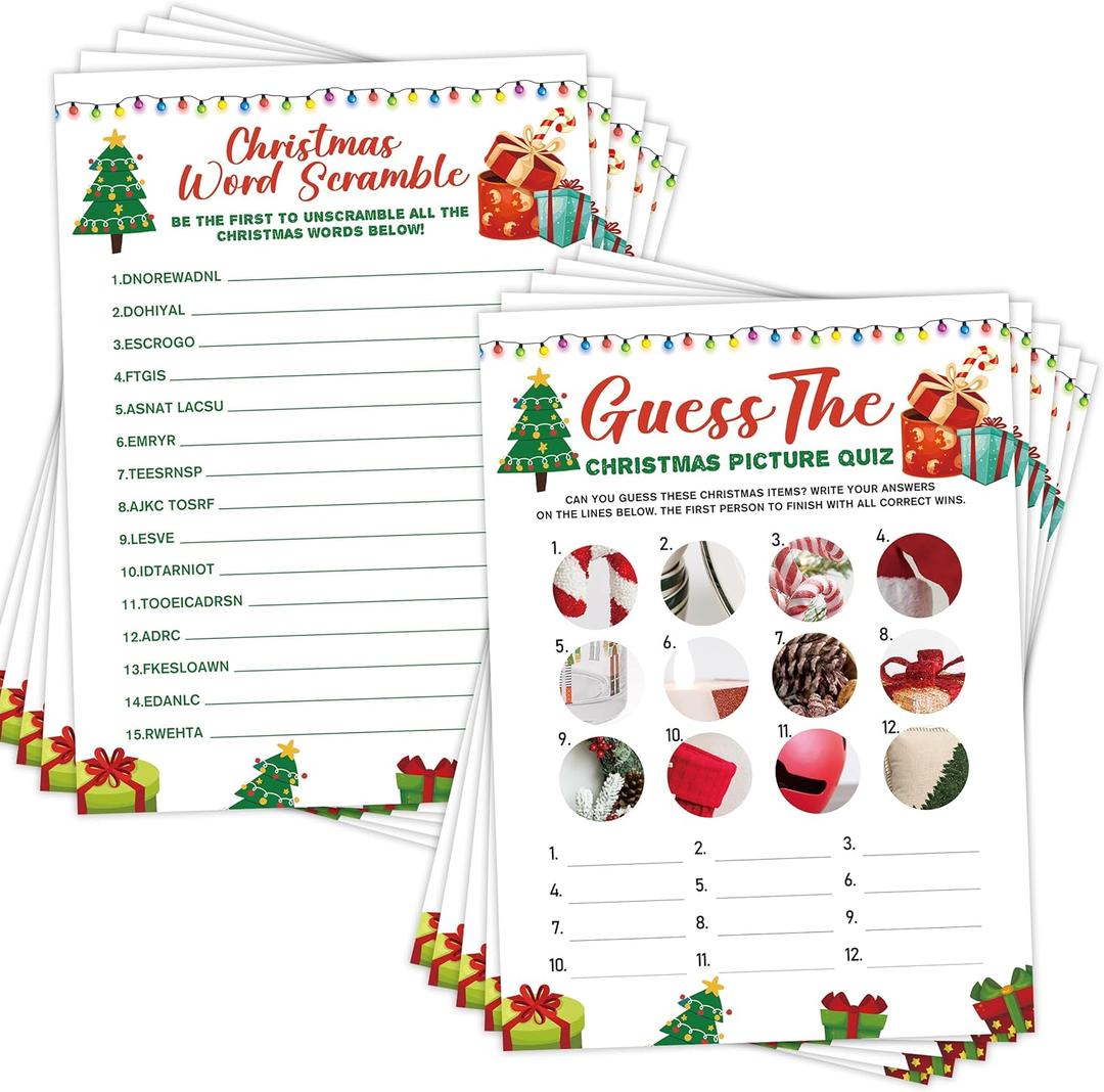 Christmas Picture Quiz Game and Holiday Word Scramble, Party Favors Supplies, Christmas Games Card for Home, Office, Xmas Festival Activity, 30 Dual Sided Game Cards and 1 Answer Card,1