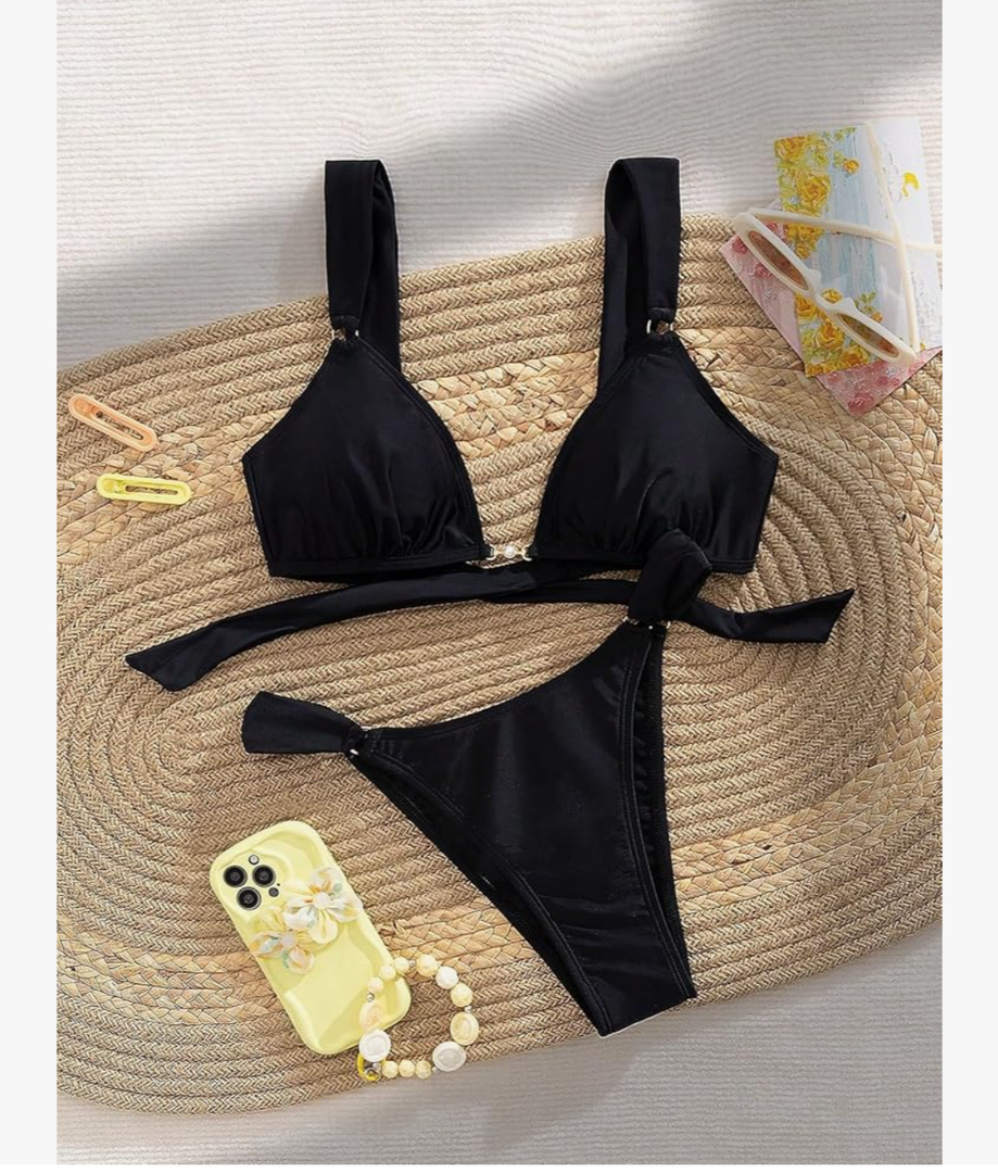 QJQ Women's 2 Piece Cheeky Bikini Sets Tie Back Ring Linked Brazilian Swimsuit Sexy Triangle Bathing Suit Medium