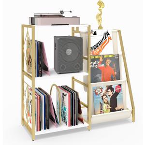 Record Player Stand, Turntable Stand with 3-Tier Vinyl Storage, Vinyl Record Stand Storage up to 200+ Albums,Vinyl Display Holder Shelf for Living Room,Bedroom(Glod White)