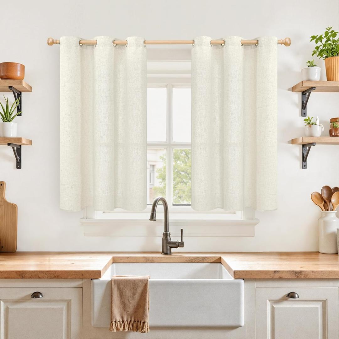 YoungsTex Linen Curtains 40 Inches Long, Short Drapes Light Filtering with Grommet Beige Natural Privacy for Bathroom Kitchen Windows, 42 X 40 Inch, 2 Panels