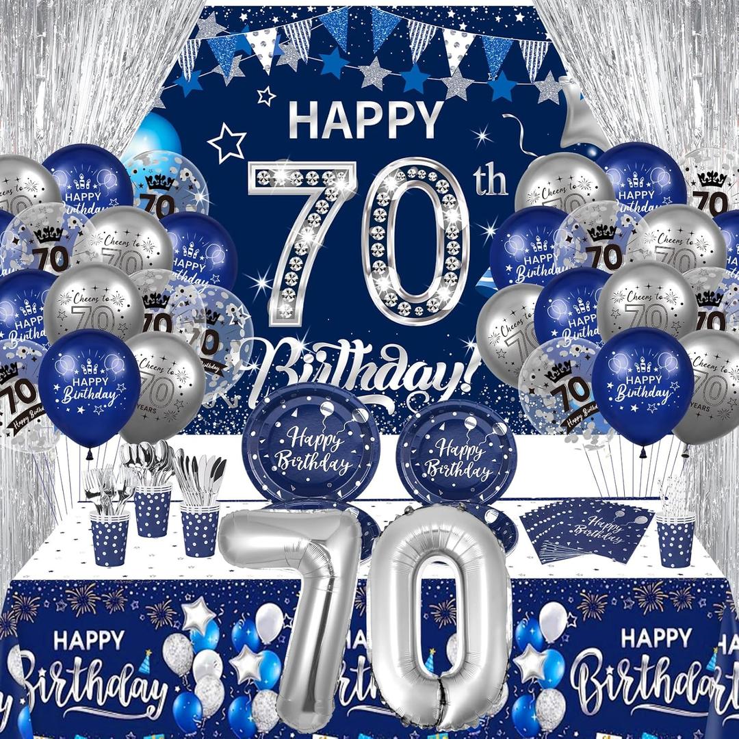 Rumia 70th Birthday Decorations, 131 PCS Navy Blue & Silver Party Supplies: Banner, Balloons, Napkins, Cups, Tablecloth, Foil Backdrops for Men & Women's 70th Birthday Decor