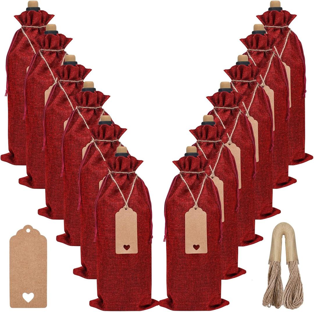 EVRWO Burlap Wine Bags 12 Pcs Wine Bottle Gift Bags With Drawstrings Tags & Ropes for Holiday Weedings Party, Birthdays, Travel, Blind Tastings, Home Storage 750ml Reusable (Burgundy)