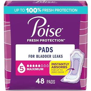 Poise Incontinence & Postpartum Pads for Bladder Leaks, 5 Drop Maximum Absorbency, Regular Length,(2)48 Count, Packaging May Vary