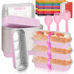 100 Pack Mini Loaf Pans Mini Cake Pans with Lids and Spoons Sealing Sticker, 6.8oz Rectangle Aluminum Foil Baking Pans Disposable Loaf Cake Pan for Baking (Pink)