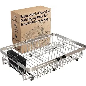 Dish Drying Rack Over The Sink, Expandable Stainless Steel Dish Drainer for Small Kitchen Counter Space Saving, RV Compact Plate Strainer In Silver Metal with Hanging Adjustable Utensil Holder