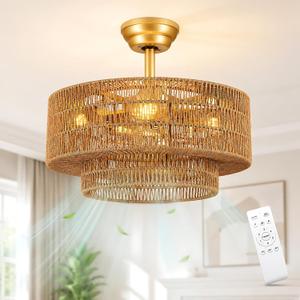 Boho Ceiling Fan with Light: 4-Lights Hand Woven Rattan Chandelier with DC Reversible,6 Speeds, 3CCT - Farmhouse Caged Ceiling Fan for Bedroom,Living Room,Kitchen,Nursery,Island, 18.7 inch