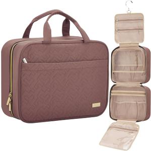 NISHEL Travel Toiletry Bag for women, Portable Hanging Organizer for Full-Sized Shampoo, Conditioner, Brushes Set, Makeup Accessories, Large Size, Rosewood-Pink