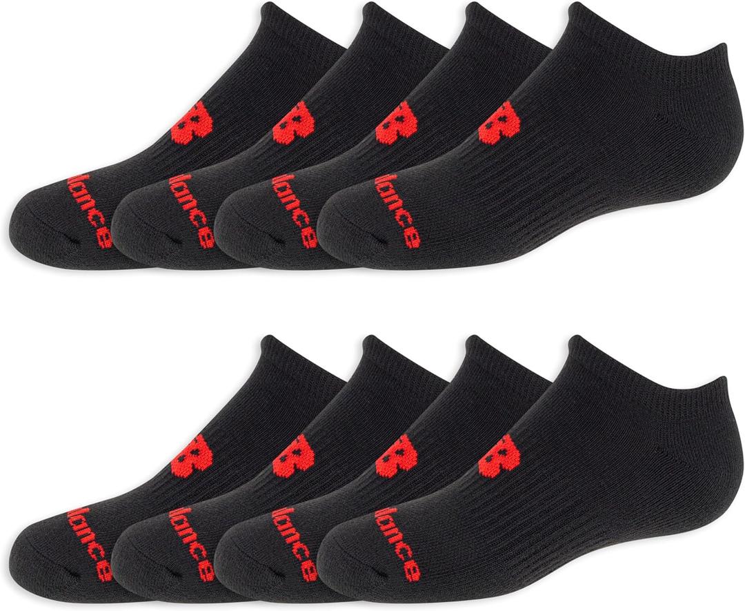New Balance Kids' Performance Cushioned No Show Socks (8-Pack) (Large, Black (Red Logo))
