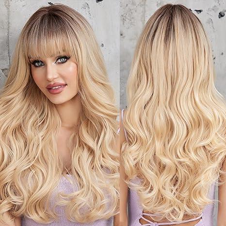 HAIRCUBE Ombre Blonde Wigs for Women Blonde Wigs with Highlight Long wave Wigs with Bangs Heat Resistant Fiber Synthetic Wigs