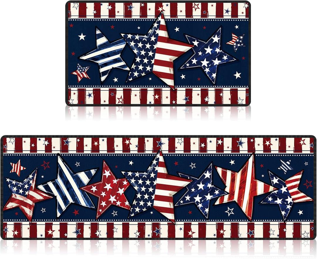 4th of July Patriotic Kitchen Rugs Set of 2, America Stripe Stars Kitchen Mats, Non-Slip Independence Day Carpet Rug for Memorial Day Holiday Indoor Outdoor Home Decorations 17x29 and 17x47 Inch