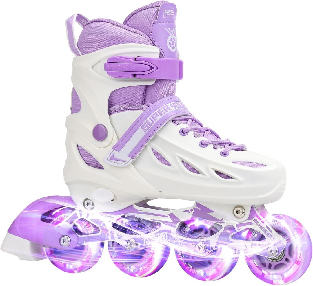 SUPER YOUNGSTER Adjustable Inline Skates for Boys Girls Ages 4-12 with Light Up Wheels, Roller Skates Blades for Youth Kids Indoor & Outdoor Beginners | Medium-Big Kid (1-4 US)