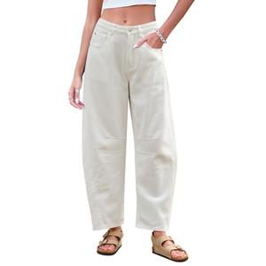 GREAIDEA Mid Rise Barrel Jeans for Women Wide Leg Mid Waist Cropped Cotton Pants Y2k Baggy Boyfriend Jeans with Pockets White XS