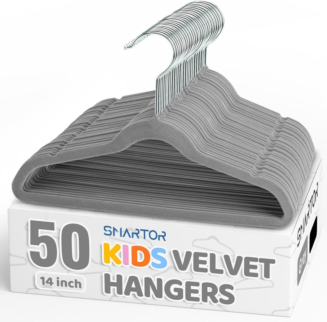 Smartor Premium 14 Inch Kids Hangers 50 Pack, Grey Baby Velvet Hanger, Non Slip, Space Saving Felt Hangers Clothes Organizers for Closet with 360 Swivel Hook for Children, Toddler & Teens