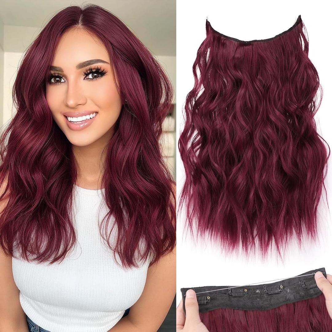 KooKaStyle Invisible Wire Hair Extensions with Transparent Wire Adjustable Size 4 Secure Clips Long Wavy Secret Hairpiece (16 Inch 118#Burgundy)