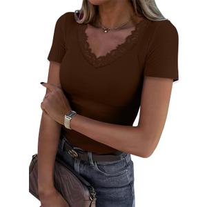 Womens Lace V Neck Tops Short Sleeve Ribbed Knit Top Summer Slim Fit Casual T Shirts Blouse (Brown, L)