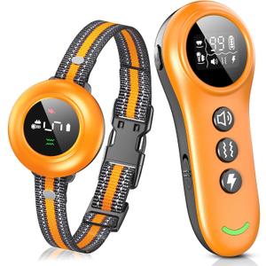 2-in-1 Dog Shock Collar & Dog Bark Collar - Smart Anti Barking Dog Training Collar with 5 Adjustable Sensitivity & 3300FT Remote for All Breeds IP67 Waterproof Rechargeable E-Collar (Orange)