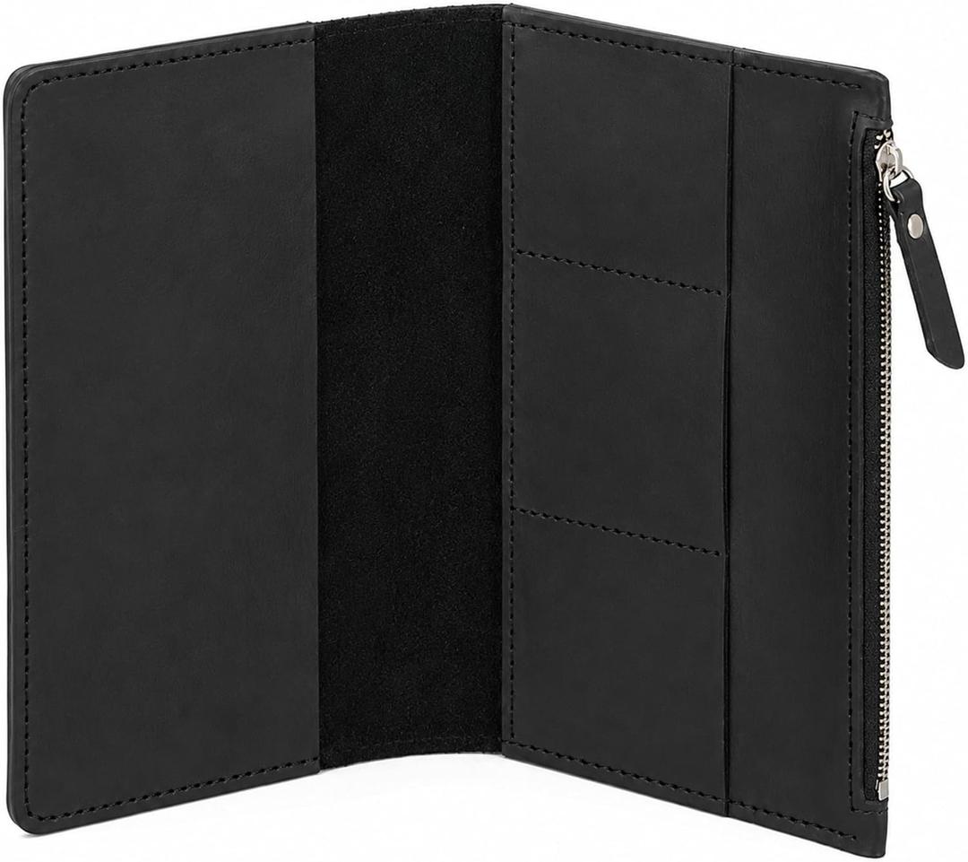 A5 Leather Pocket Insert for Journal – Handmade Genuine Leather Organizer with 3 Card Slots & Large Zipper Pocket, Refillable Journal Accessory for A5 Notebooks 5.8" x 8.3", Black