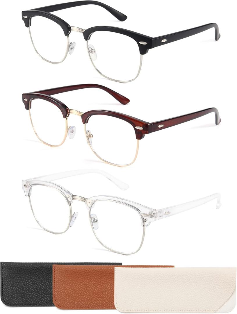 CCVOO 3 Pack Reading Glasses Blue Light Blocking, Retro Semi Rimless Readers for Men Women, Round Eyewear Filter UV400
