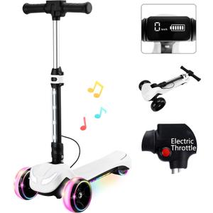 24V Electric Scooter for Kids w/150W Powerful Motor, Thumb Throttle, LCD Screen, Bluetooth, Light-Up Stem Deck & Wheels, 3 Adjustable Heights, 5MPH Safe Speed, 3 Wheel Electric Scooter for Kids