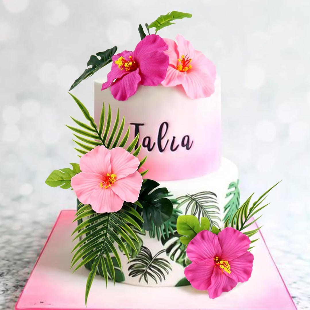 10PCS Artificial Hibiscus Flower Cake Toppers Hawaii Pink Hibiscus Cake Decors for Hawaii Theme Birthday Bridal Engagement Wedding Floral Cake Picks Summer Holiday Party Decoration