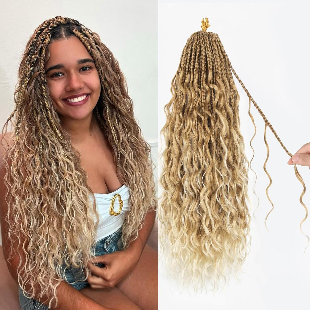 Boho Crochet Braids Pure Protein Fiber Close to Human Hair 18 Inch Goddess Box Braids with Soft Curls Bohemian Braids Crochet Hair for Black Women (18Inch 27/613)