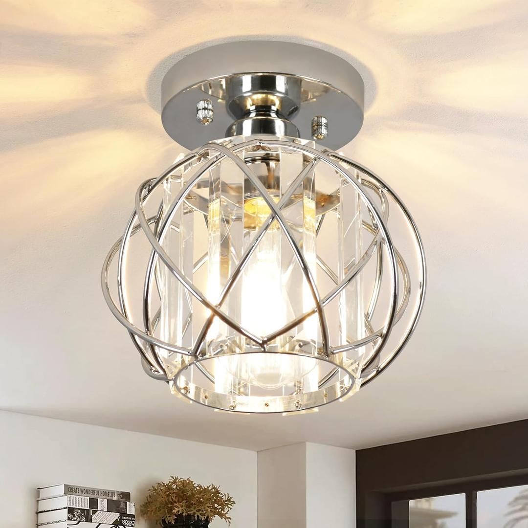 Hallway Light Fixtures Ceiling,Modern Chrome Crystal Ceiling Lights Fixture, Semi Flush Mount E26 Small Hallway Lighting Fixtures Ceiling Light for Porch Entryway Foyer Bathroom